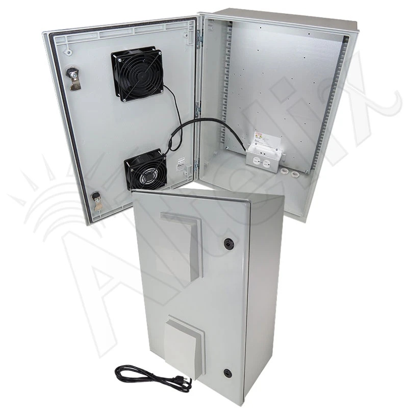 Altelix 24x16x9 Vented Fiberglass Weatherproof NEMA Enclosure with Dual Cooling Fans and 120 VAC Outlets & Power Cord