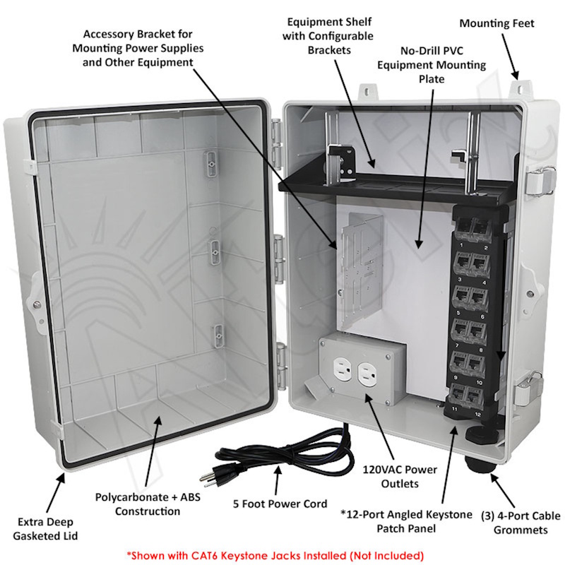 Altelix Network Distribution Enclosure - Polycarbonate + ABS NEMA 4X Weatherproof Enclosure with 12-Port Blank Patch Panel, 120 VAC Outlets & Power Cord - Image 3