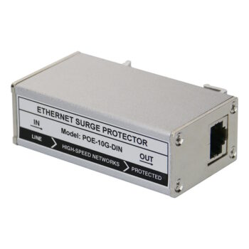 ROBOfiber POE-10G-DIN - Full 8 pin Cat6A RJ45 10G Ethernet surge protector with PoE support and DIN rail mount system